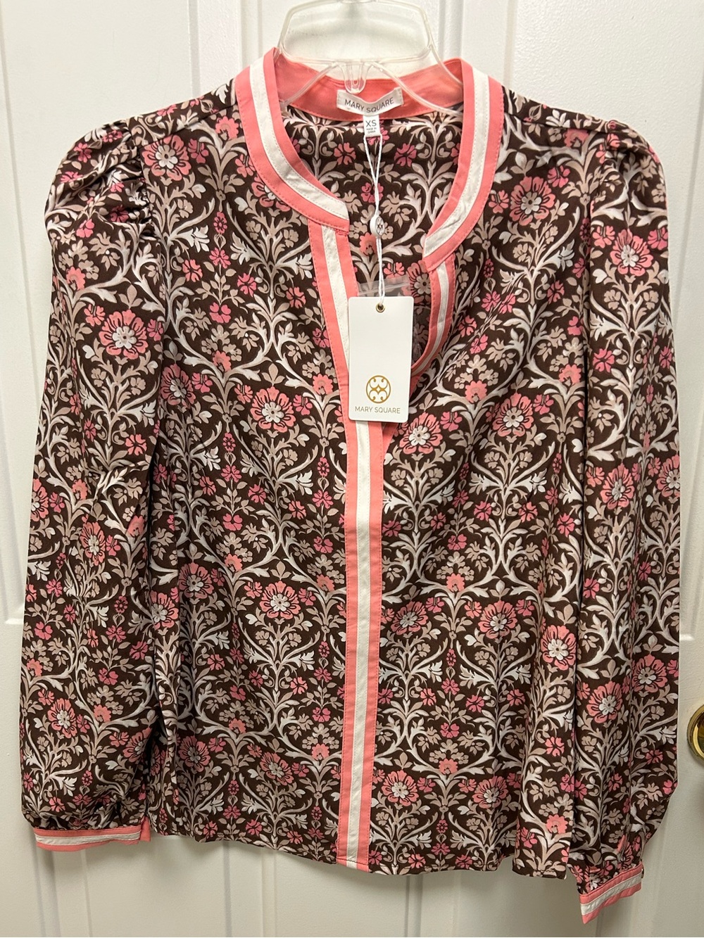 Mary Square Coral & Brown Floral Top with Coral & White Banded Neckline - Picture 14 of 16
